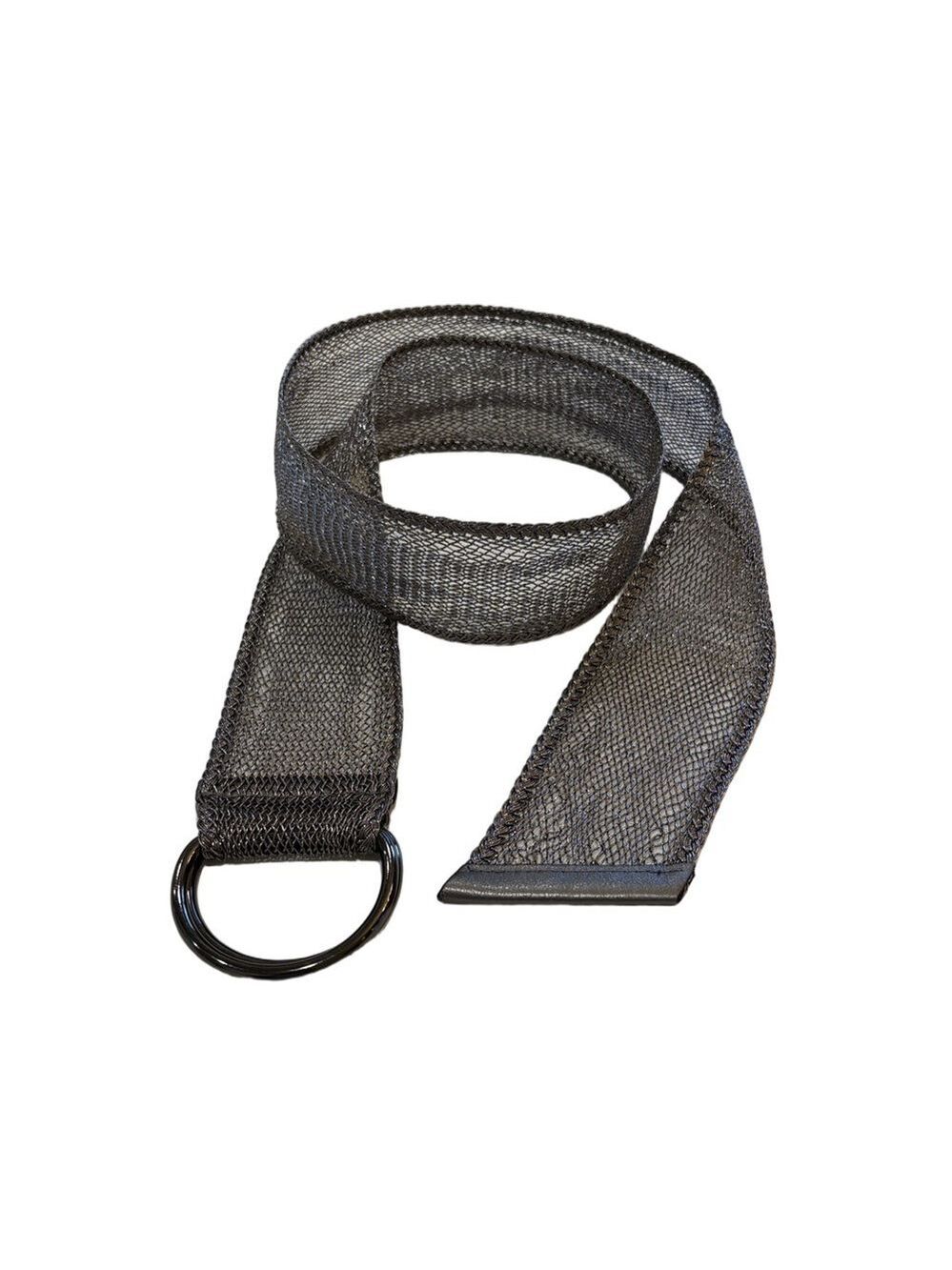 Chico’s gray metallic mesh double D ring belt. 3” wide. Length 49”